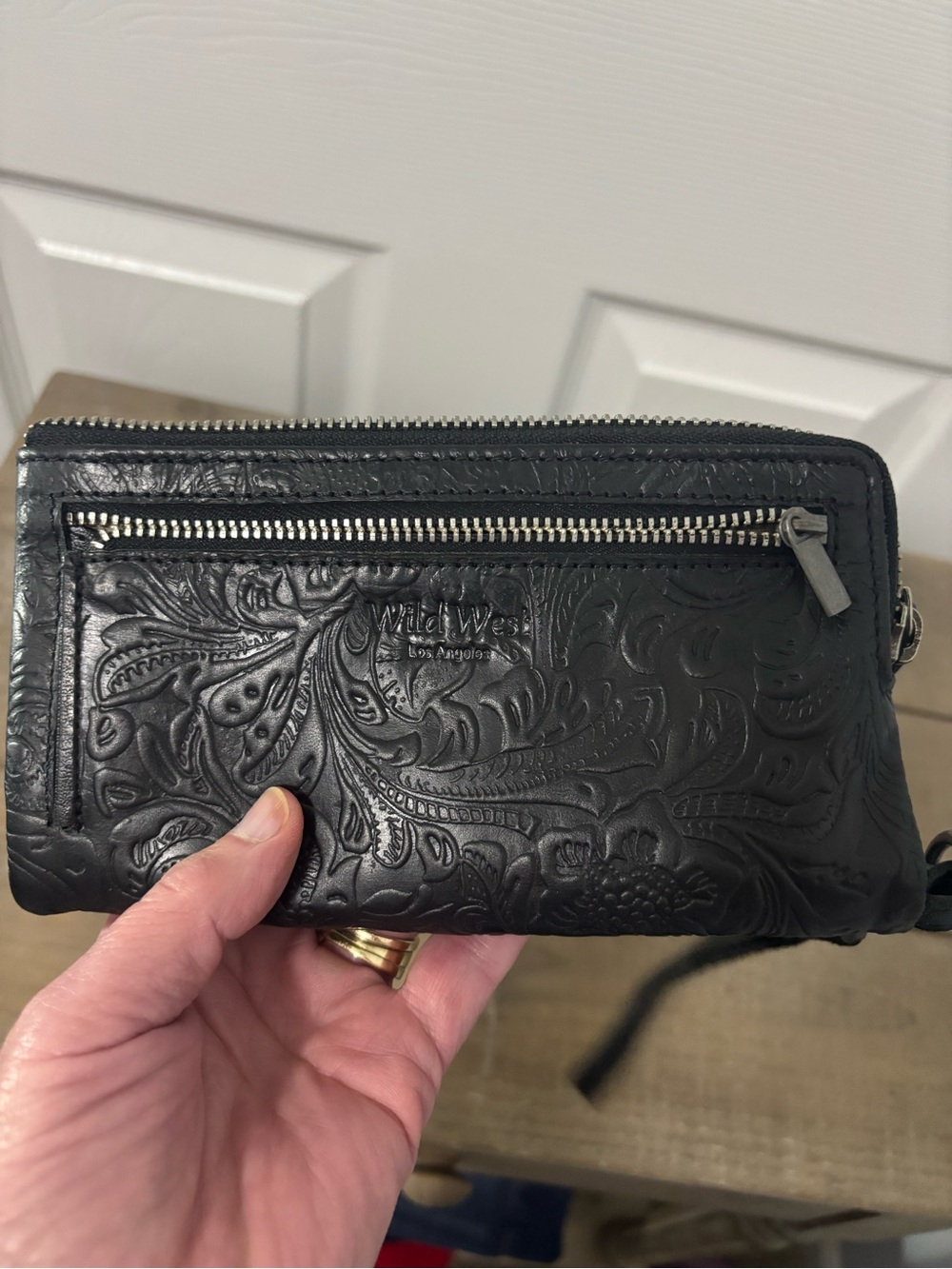 Black Embossed Leather Wristlet Wallet - Picture 2 of 4